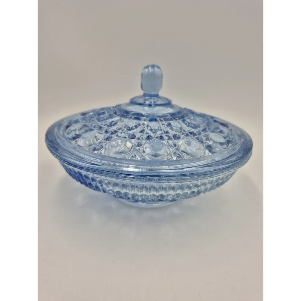 VTG Indiana Glass Windsor Button & Cane Light Blue  Candy Dish Bowl Lid